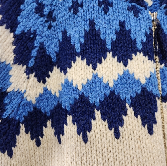 Incredible Hand Knit Blue Ivory Fair Isle Yolk Shawl Collar Zip Up Wool Sweater - Picture 5 of 8